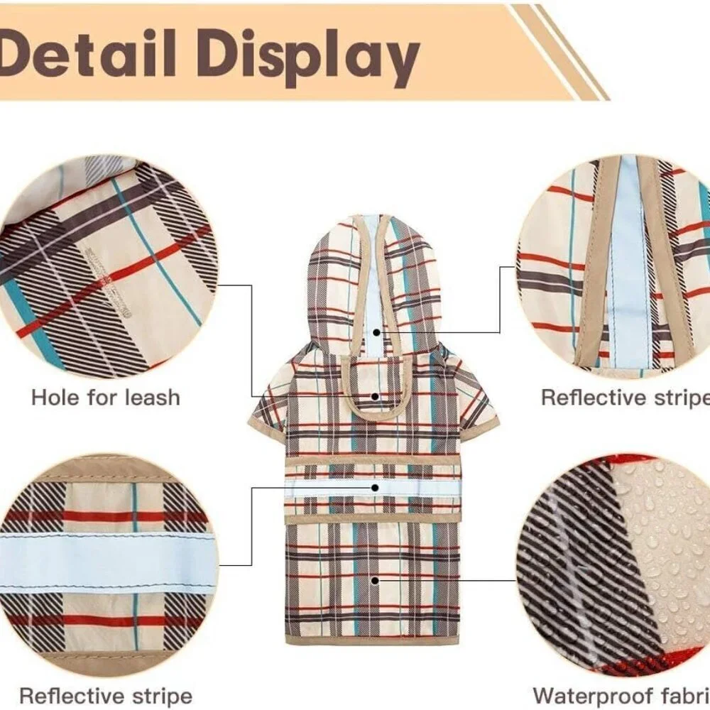 Dog Raincoat Hooded Slicker Poncho with Leash Hole Beige M